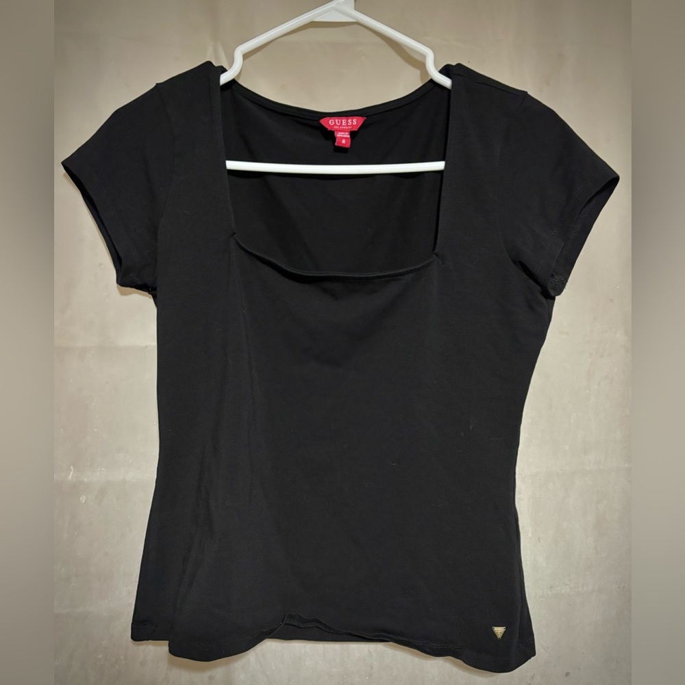 Guess-Square Neck-Black-Slightly Cropped-Short Sleeve-Top-Medium